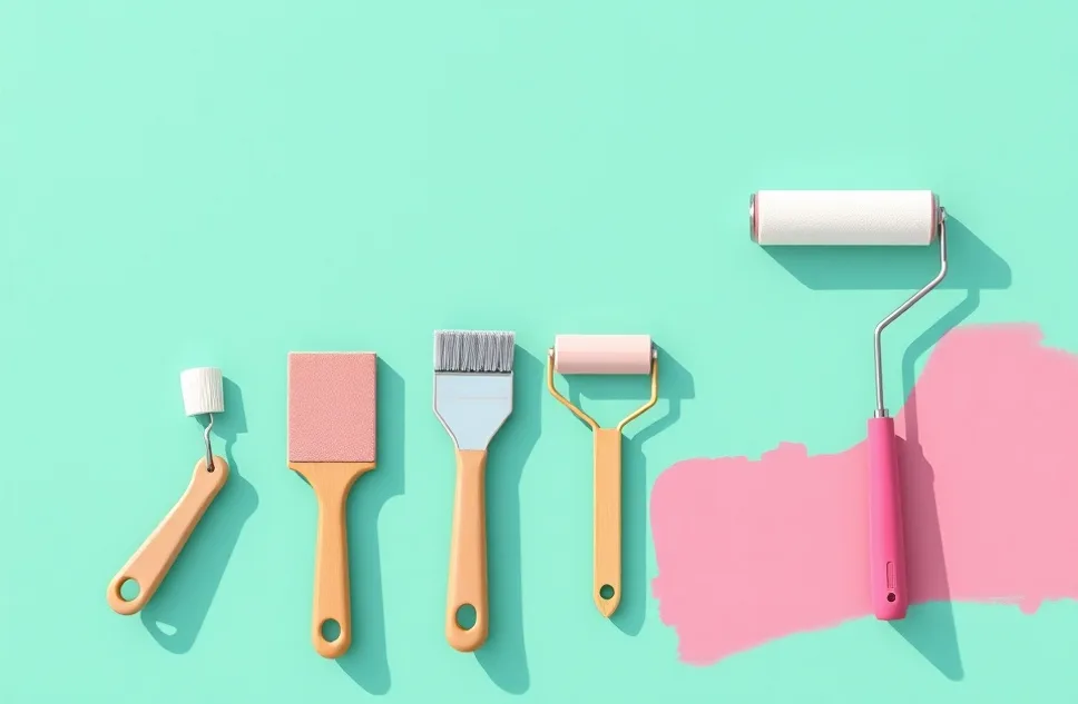 Outils de peinture disposés dans l'ordre des étapes du chantier