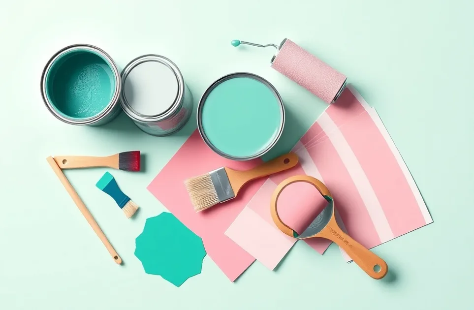 Pots de peinture, nuancier, brosses et rouleaux disposés à plat