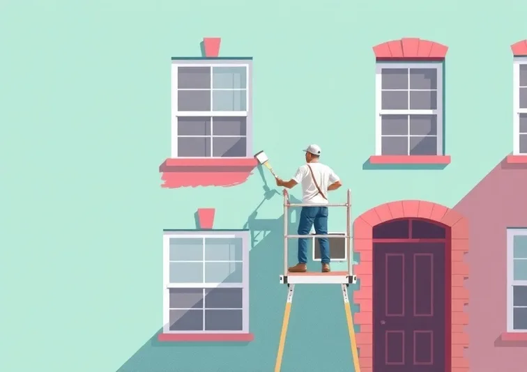 Peintre sur échafaudage traitant la façade d'une maison