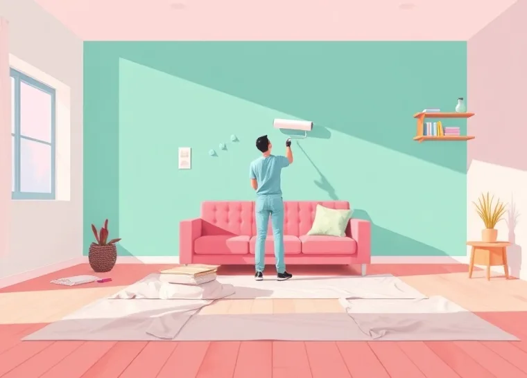Peintre appliquant la peinture au rouleau sur un mur de salon